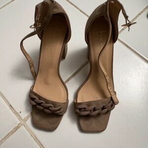 Nicole Miller Taupe Braided Front Ankle-Strap Block Heels